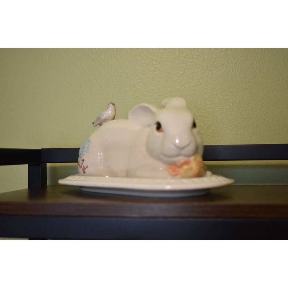 Fitz & Floyd Bunny Rabbit Covered Butter Dish Bird Floral Ceramic AS IS